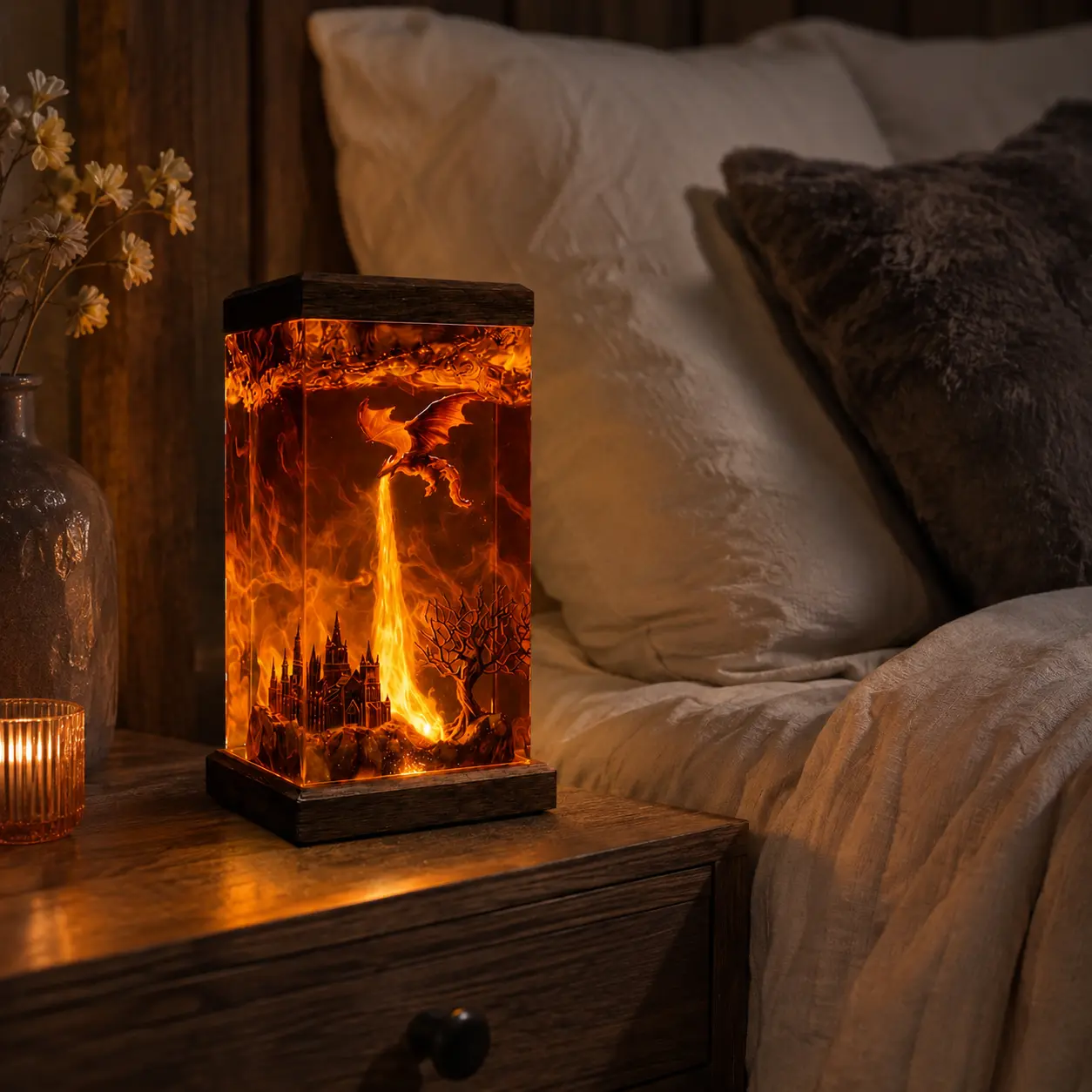 Fantasy Dragon Resin Lamp, Handmade Dragon Resin Art, Fire Dragon Castle Diorama, Epoxy Resin Home Decor, Wooden Base Decorative Lamp, Fantasy Desk Decor, Resin Sculpture, Unique Dragon Gift, Collectible Fantasy Artwork