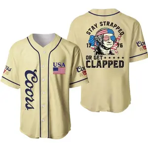 CCOORS Banquet Stay Strapped Or Get Clapped 1776 George Washington Baseball Jersey, Patriotic USA Flag Beer Shirt, Funny Meme Drinking Outfit, Mens Summer Button Down Streetwear Top