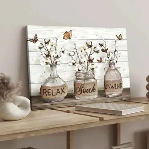 1Count Wooden Frame Canvas, Rustic Cotton Plant Relax Soak Unwind Butterflies, Exquisite Poster, Fashion Bedroom Decoration, Modern Art Home Poster, Waterproof High Definition Printing, Ideal Gift, Art, Wall Art Decor