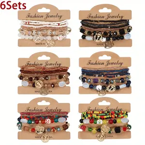 6pcs MAIDANA Boho Chic Bracelet Set for Women - Adjustable, Stackable Beaded Stretch Bracelets with Life Tree & Tassel Charms, Colorful Ethnic Bohemian Style, Perfect for Vacation/Casual Attire, Charm Bracelet italian charm bracelet charm bracelets