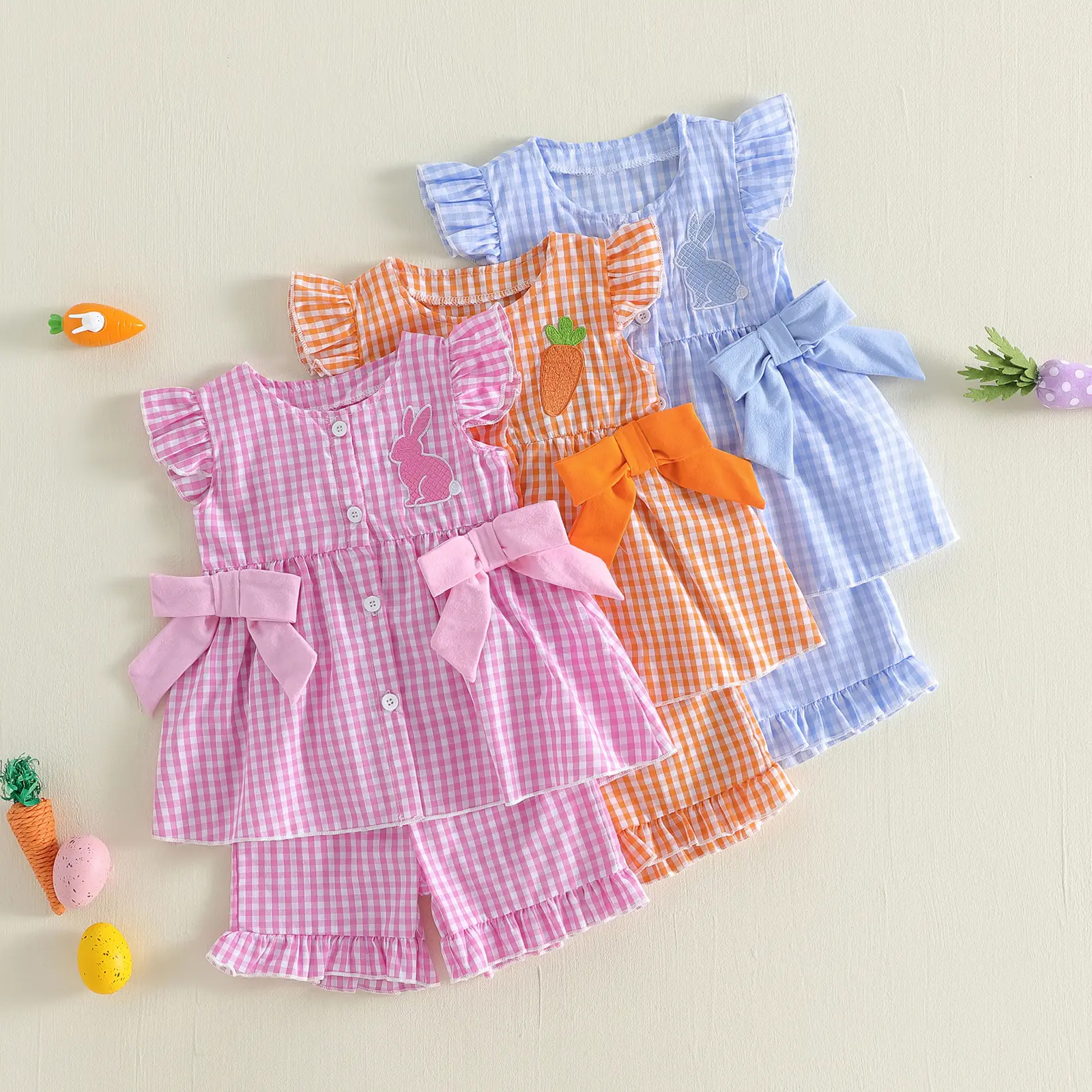 Babamoon 2-Piece Baby Girls Clothing Set - Sleeveless Ruffle Plaid Bunny Carrot Print Dress Tops, Shorts - Toddler Summer Easter Outfits (6M-4Y), Sleeveless Shirts