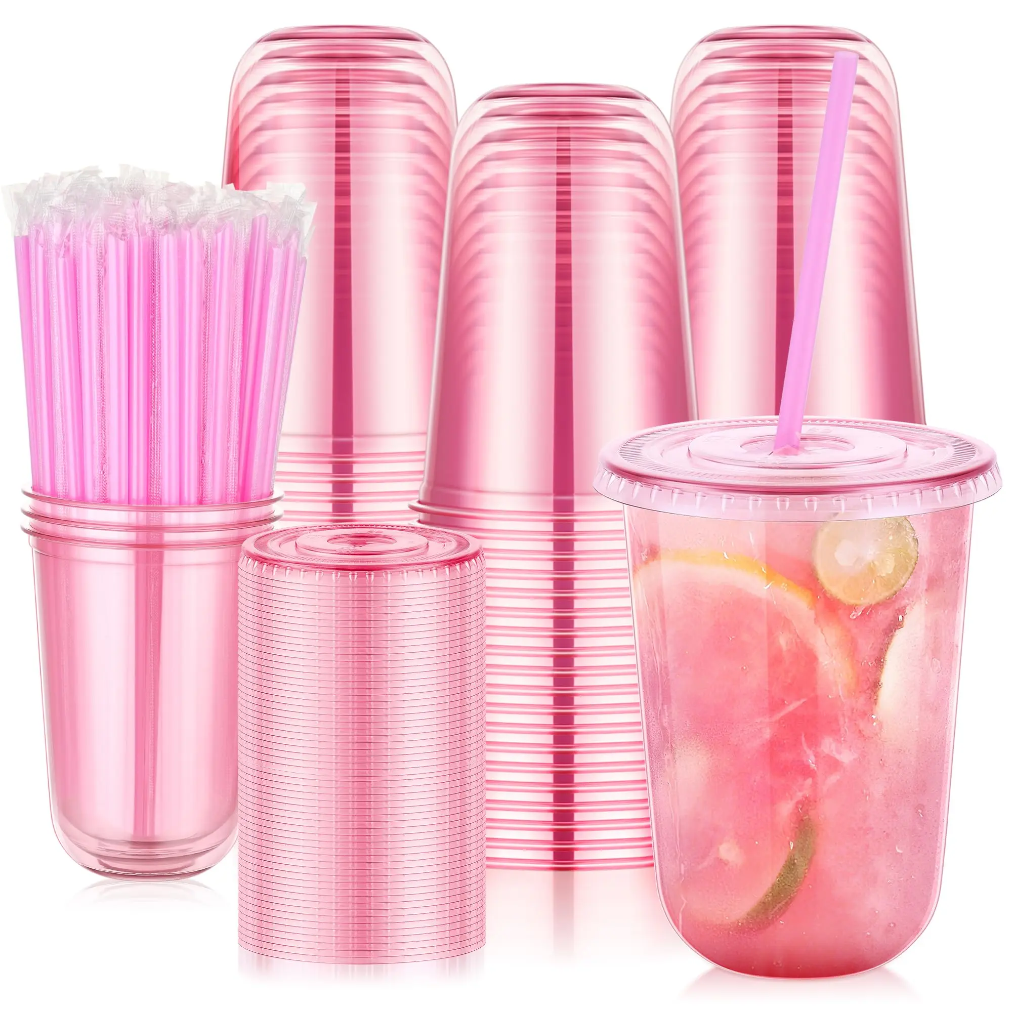 Kesaplan Summer Wins 100 Set 16oz Plastic Cups with Lids & Straws, Disposable Pink Clear Iced Coffee Cup with Lid, Round Bottom Plastic To Go Cups for Cold Drinks Slushie Smoothie Valentine Holiday Party Supplies