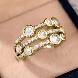 Three Row Bezel Set CZ Ring, Two Tone Gold Silver Plated Band, Multi-Layer Cubic Zirconia Eternity Ring, Stackable Statement Jewelry for Women