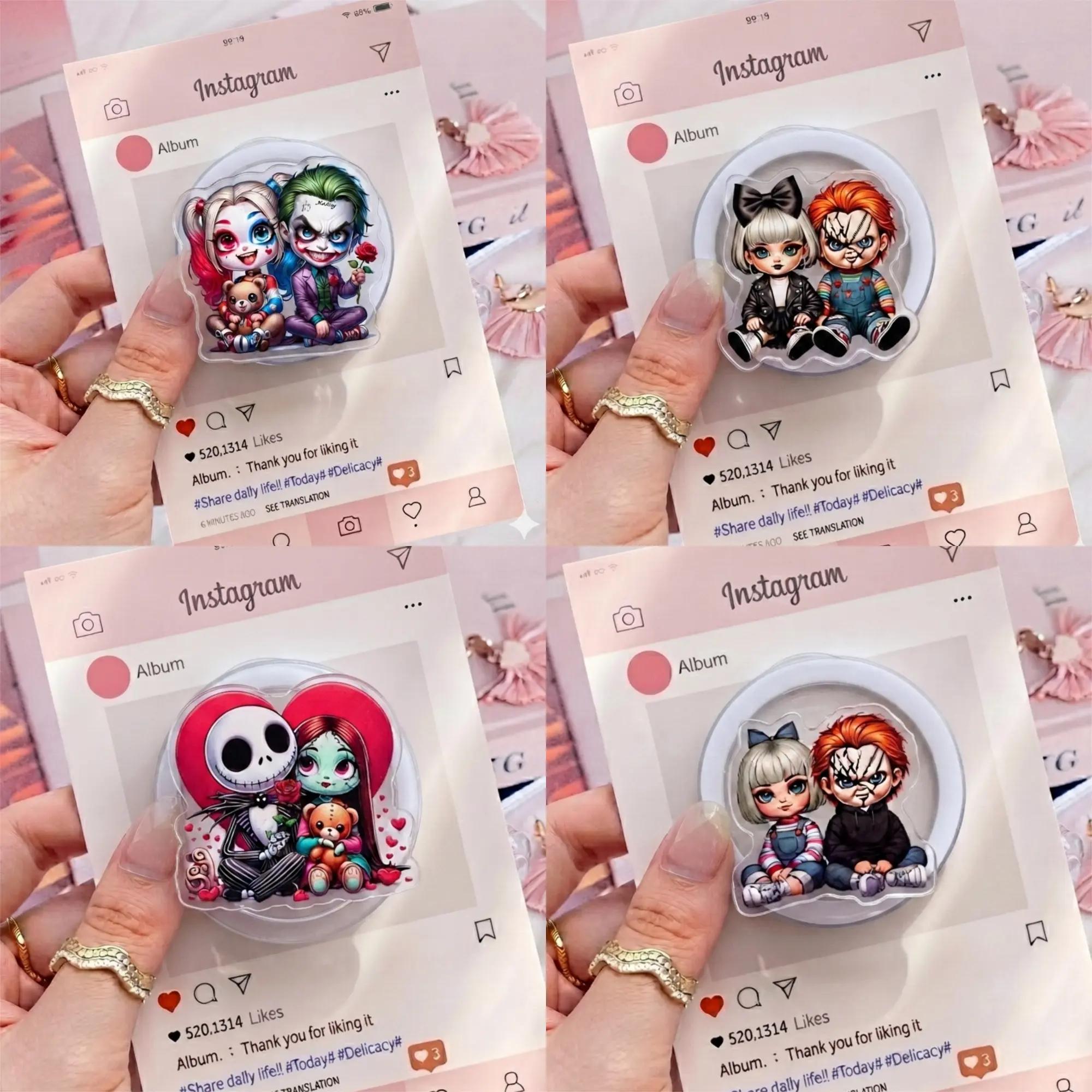 Cute Chibi Couple Acrylic Phone Grip Holder, Aesthetic Collapsible Stand for Smartphones