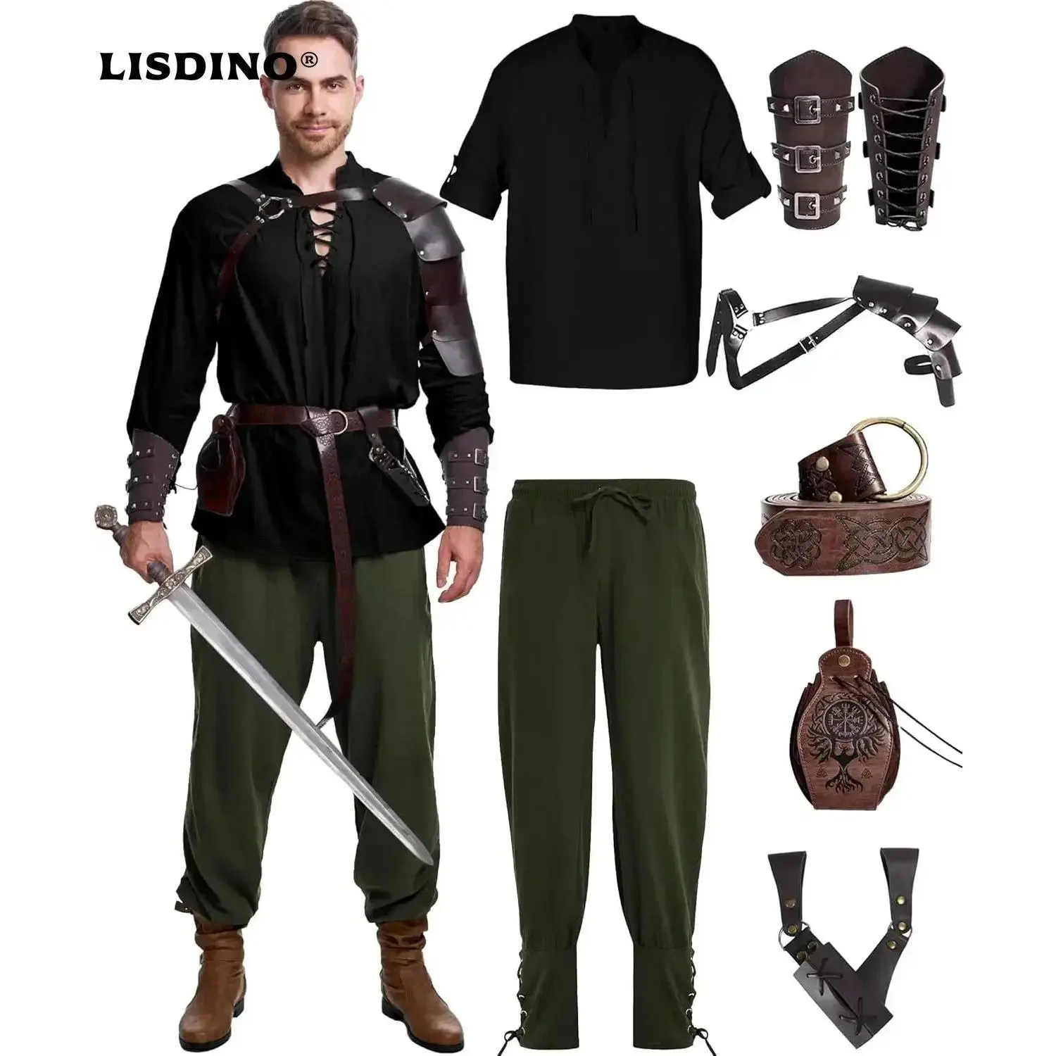 8 Pcs Men's Renaissance Costume Halloween Medieval Pirate Shirt Pant Viking Costume Accessories Set