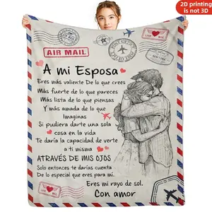Wife Gift from Husband Spanish Love Letter Design Soft Flannel Blanket Anniversary Valentine’s Day Christmas Gift for Wife Vintage Air Mail Hug Illustration Warm Cozy Throw for Bed Sofa