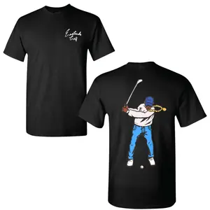 Eastside Golf Backswing T-Shirt, Blue Jeans Golfer Back Graphic Tee with Chain Swing Detail, Script Logo Front Print Shirt, Soft Cotton Blend Shirt, Urban Golf Apparel for Men and Women, Bold Golfer Gift Idea