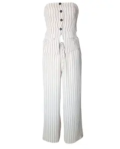 2pc Set Stripe Pattern Strapless Button Down And Wide Leg Pants