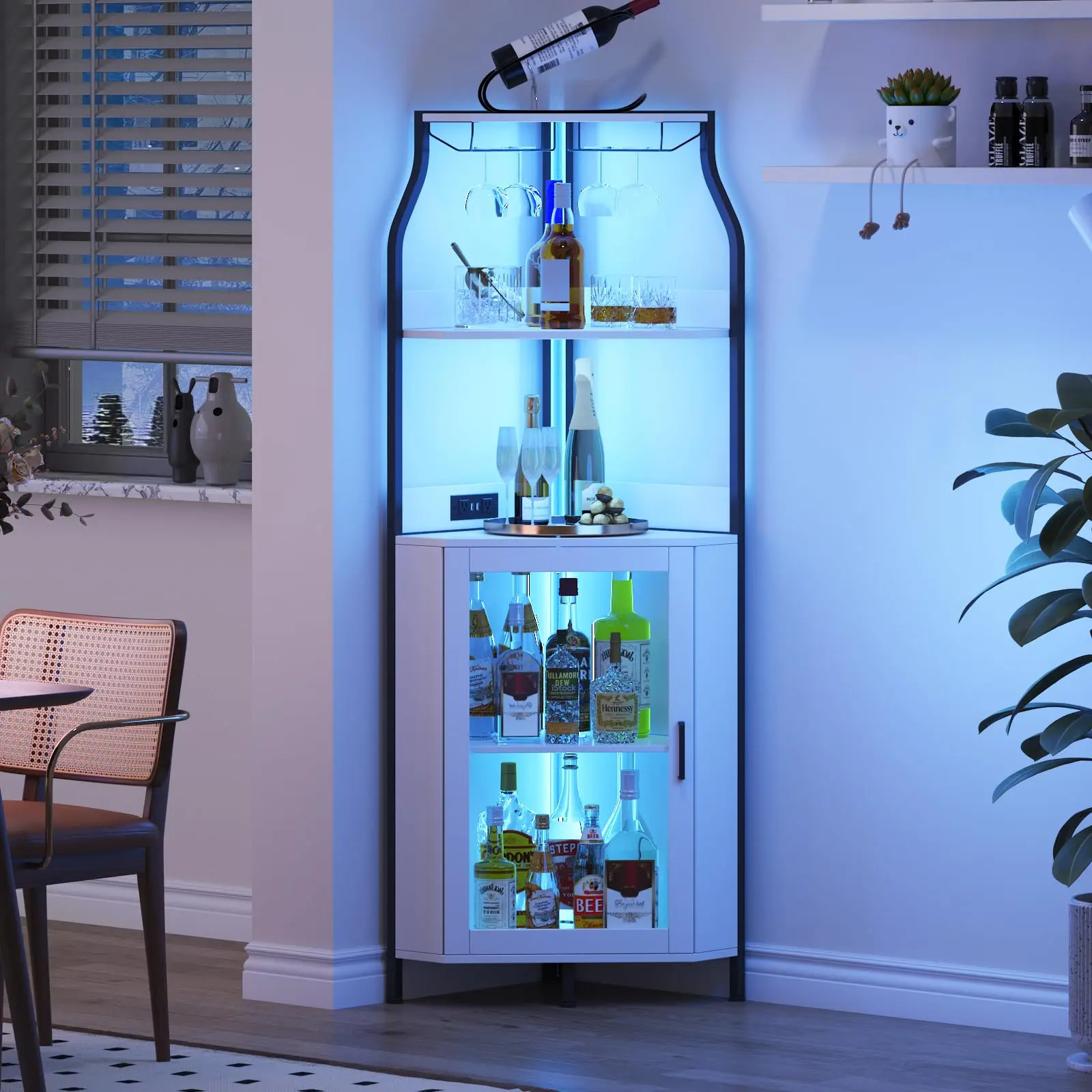 Corner Wine Bar Cabinet with Glass Rack, 60" Tall Farmhouse Liquor Storage Cabinet, Wooden Liquor Display Cabinet for Dining Room Kitchen