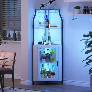 Corner Wine Bar Cabinet with Glass Rack, 60" Tall Farmhouse Liquor Storage Cabinet, Wooden Liquor Display Cabinet for Dining Room Kitchen