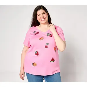 Quacker Factory Summer Doodles Sequin and Embroidery V-Neck Top