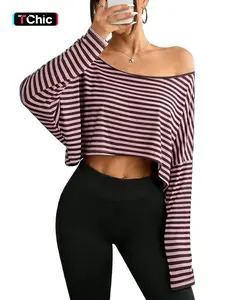 Women's Y2K Style Striped Crop Top, High-Waisted Loose Fit Long Sleeve Tee, Casual Spring & Fall Fashion, Plain Design Womenswear