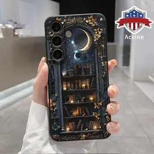Soft Phone Case Compatible with Galaxy S23 Ultra S24 Plus S25 S22+ Creative Moon Bookshelf Pattern Full-body Camera lens Protection skin-friendly feel Cover Shell