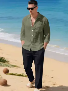 Spring and autumn new trend men's linen suit, a double-breasted long-sleeved button-down shirt and straight-leg pants set. Loose fit, breathable and comfortable fabric. Outdoor beach style, vacation and leisure for Easter.