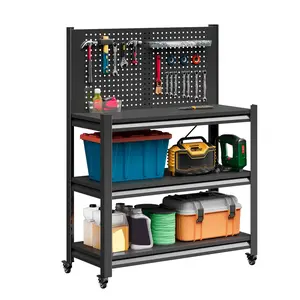 Workbench with Pegboard, Adjustable Heavy Duty Work Table with Wheels, Heavy Duty Workstation, Metal Tool Work Bench for Garage Warehouse Workshop, 48"" H x 18"" D x 34"" W, Black