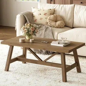 PieDle Solid Wood 43" Farmhouse Coffee Table - Rustic Wooden Rectangular Table with V-Shaped Support for Office Living Room, Natural