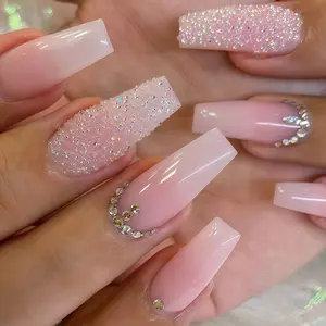 24pcs French False Nails with Sparkling Glitter Rhinestones, Elegant Press-On Nail Design, Luxury Fake Nails Set, Glittering Fake Nails, Easy to Wear, Perfect for Parties