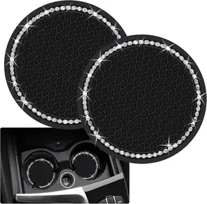 2PCS Bling Car Cup Coaster, Silicone Anti-Slip Crystal Rhinestone Drink Mat - Tableware