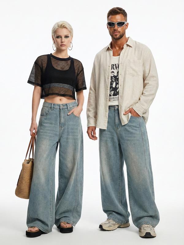 Baggy Hip Hop Jeans for Men Wide Leg Skater Denim Pants Casual Loose Fit Long Trousers