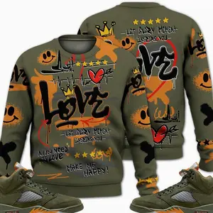 5 Olive Sweatshirt, Olive 5s Shirt, Happy Love Beats Graffiti Outfits Streetwear Sneaker Matching Clothes Fabric