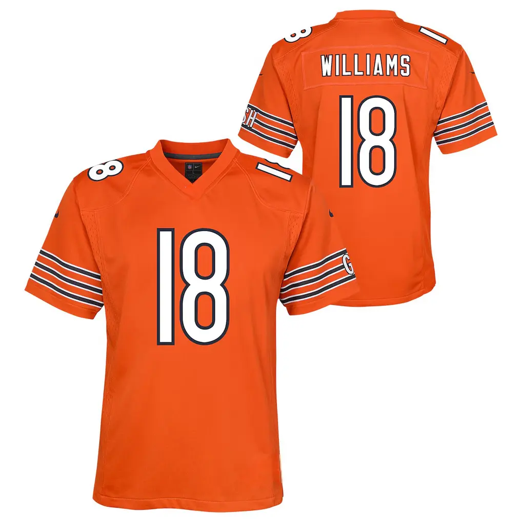 Full Print Chicago Bers Orange/Navy Williams #18 Football Jersey, Men's Breathable V Neck Short Sleeve Athletic Shirt, Team Game Uniform, Sports Fan Apparel, Unisex Gift for Football Fans