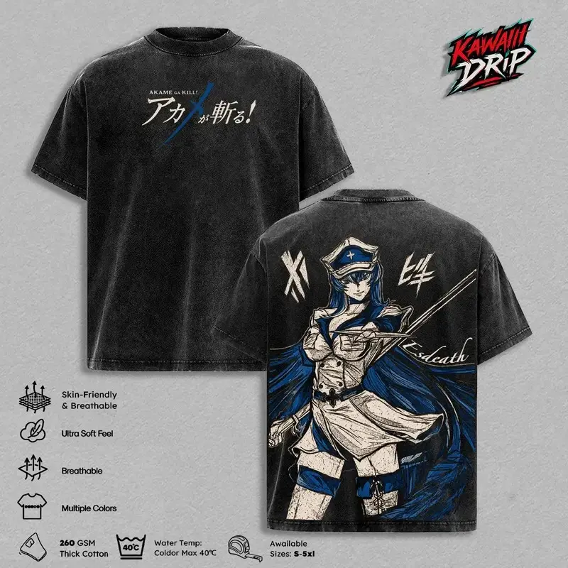 Esdeath Akame ga Kill! Vintage Washed Anime T-Shirt Oversized Boxy Fit Heavyweight Cotton Graphic Tee Streetwear Shirt Unisex Daily Wear Gift for Akame ga Kill Anime Fans