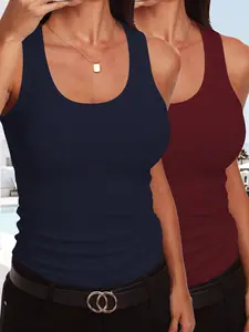 Women's Sleeveless Square Neck Vest Set, Ribbed Fitted Summer Basic Top, Cute Slim Fit, 2 Piece Pack, Contemporary Style, Womenswear