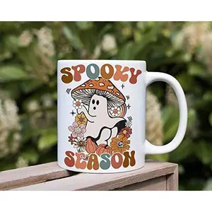 Spooky Season Mug Funny Ghost Toadstool Mushroom & Flower Mug Best Gifts For Him Her Woman Men Kids Mushroom Lover Ghost Lover On Halloween Thanksgiving Fall Autumn 11- 15 Oz Accent Ceramic Coffee Mug