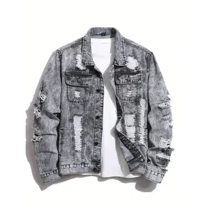 Men Jean Jacket Distressed Ripped Slim Fit Stretch Trucker Jacket Classic Casual Denim Coat