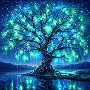Glowing Teal Weeping Willow Starry Lakeside Tree Diamond Art Kit - 11.8"×11.8"