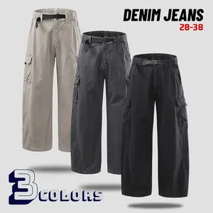 Clean Gent men’s solid-color elastic-waist cotton denim long pants with multiple pockets, curved cut casual straight-leg design, suitable for everyday wear—fashionable men’s bottoms, machine washable.