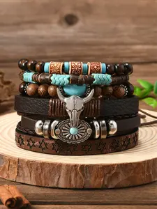 6pcs Vintage Western Cowboy Beaded Bracelets, Bull Head Decorative Bracelet, Wooden Bead Bracelet, Unisex Fashion Accessory, Boho Style Bracelet, Boho Style Jewelry