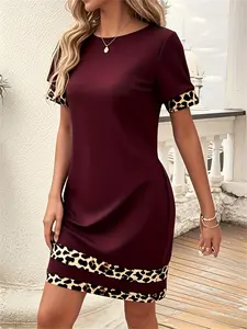 Women's Short Sleeve Fitted Leopard Print Dress, Fashionable Spring & Fall Casual Wear, New Arrival 2026 Style