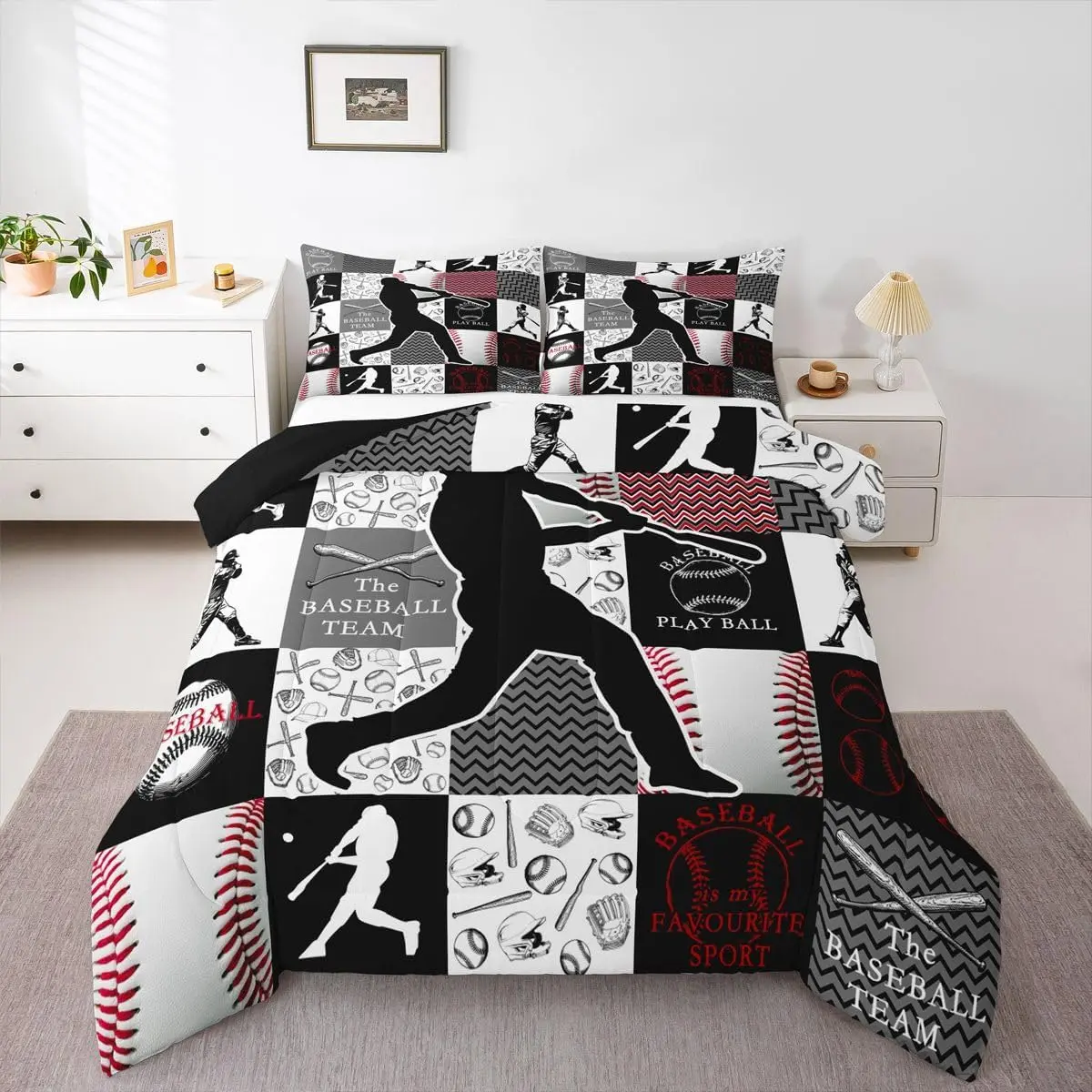 Baseball Comforter Set Sports Geometric Black Patchwork Bedding Set Softball Gaming Sports Duvet Quilt Bedroom Decor Microfiber 1