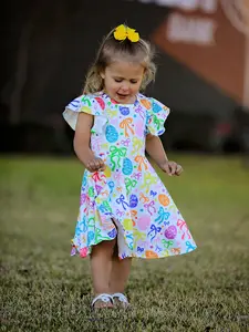 Rainbow Easter Egg Bow Girls Dress - Vibrant Easter Egg Prints & Delightful Bow Detail for Spring Celebrations DRG60575