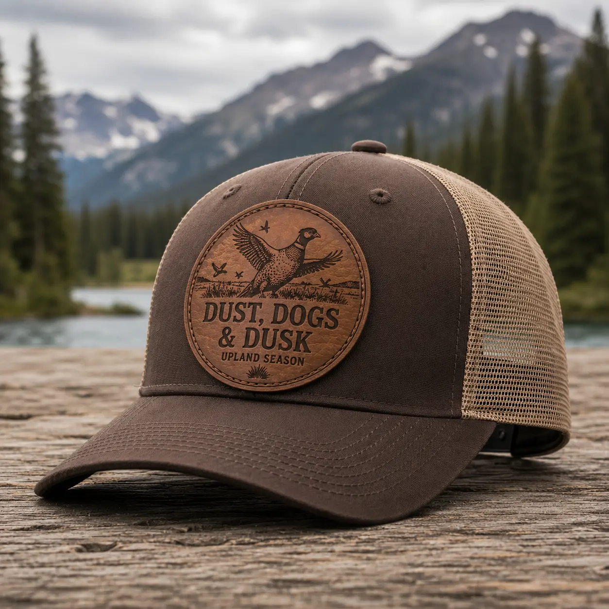 Upland Season Pheasant Leather Patch Trucker Hat - Classic 112 Style Mesh Back Snapback - Retro Bird Hunting Cap for Men