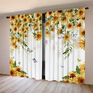2 Piece Country Fresh Sunflower Vine Butterfly Curtains, Semi-Sheer Polyester Fabric, Top Rod Pocket Design, Home Decor