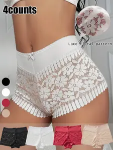 Elegant Women's Lace Trim Panties, Breathable Comfortable Half-Transparent Solid Color Underwear, Hand Wash Only, All Seasons Wear, Sheer Lace Panty