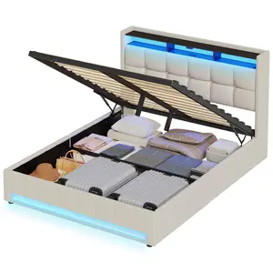 Luxurious Upholstered Twin Bed with Storage Charging Station and LED Lights for Bedroom Organization Modern Style Enhancement Floating Platform Bed