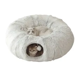 Tunnel with Cat Bed for Indoor Cats, Collapsible Plush Cat Cave Tube with Fluffy Toy Ball, Multifunctional Cat Toys for Small Medium Large Cat, Puppy, Rabbit, Ferret, Gray