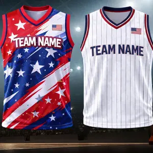USA V Neck Basketball Tank Top, Breathable Mesh All Over Print Sleeveless Jersey, Custom Name Number, Adult S-5XL