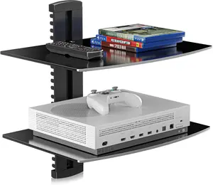 suptek Speaker Mount, Floating Glass Shelf Wall Mount Bracket for DVD Players/Cable Boxes/Games Consoles/TV Accessories, 2 Shelves, Black CS202