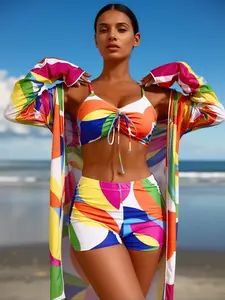 Women's 3-Piece Polyester Rainbow Geometric Print Bikini Set - Ruched Adjustable Tie-Front Top, High-Waist Shorts, High-Stretch Long Cardigan for Beach Swimwear