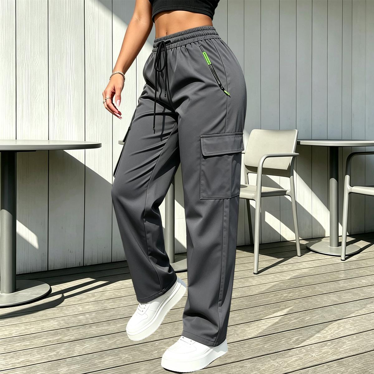 Women's Plus Size 2-Pack Summer Cargo Pants, Machine Washable, Fluid Drape, Zip Pockets, Elastic Waistband with Drawstring, for Outdoor Jogging & Gym Wear