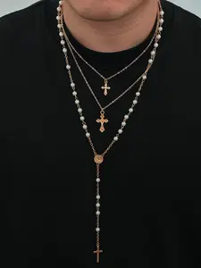 3-Piece Retro Punk Metal Cross Pendant Y-Chain Necklace Set, Men's Hip-Hop Fashion Artificial Pearl Beaded Multi-Layer Necklace