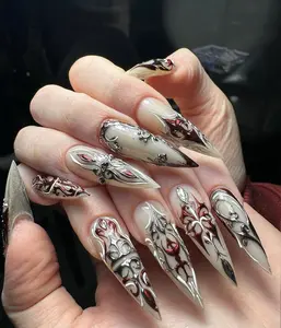 AngieNails – Red Silver Gothic Press On Nails | 3D Gothic Warrior Art | Handmade Red Silver Metallic | Dark Fantasy Armor Tips – AN283
