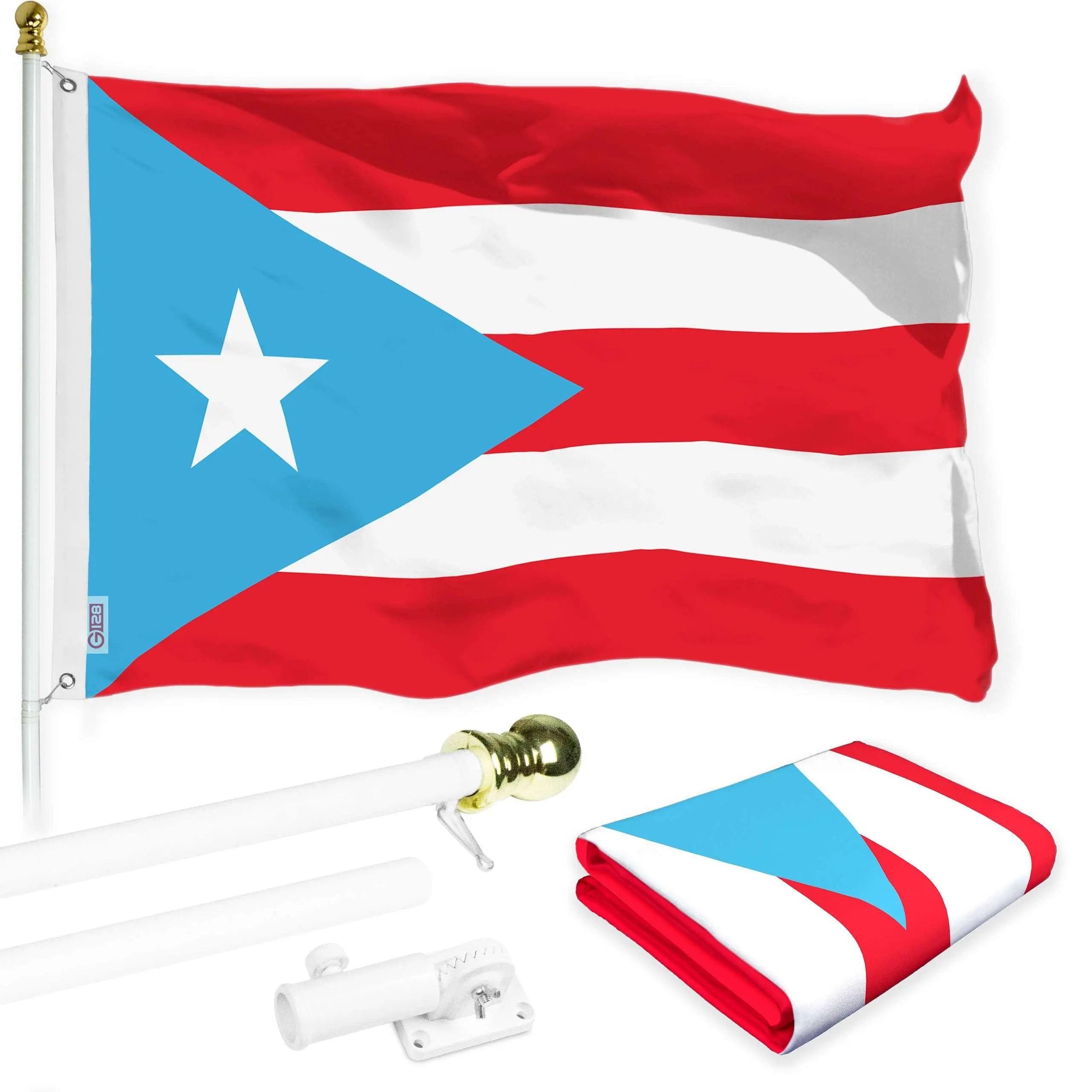 G128 Combo Pack: 5 Ft Twist Free Aluminum Spinning Flagpole (White) & Puerto Rico Light Blue PR Flag | 2x3 Ft | LiteWeave Pro Series Printed 150D Polyester | Pole with Flag Included