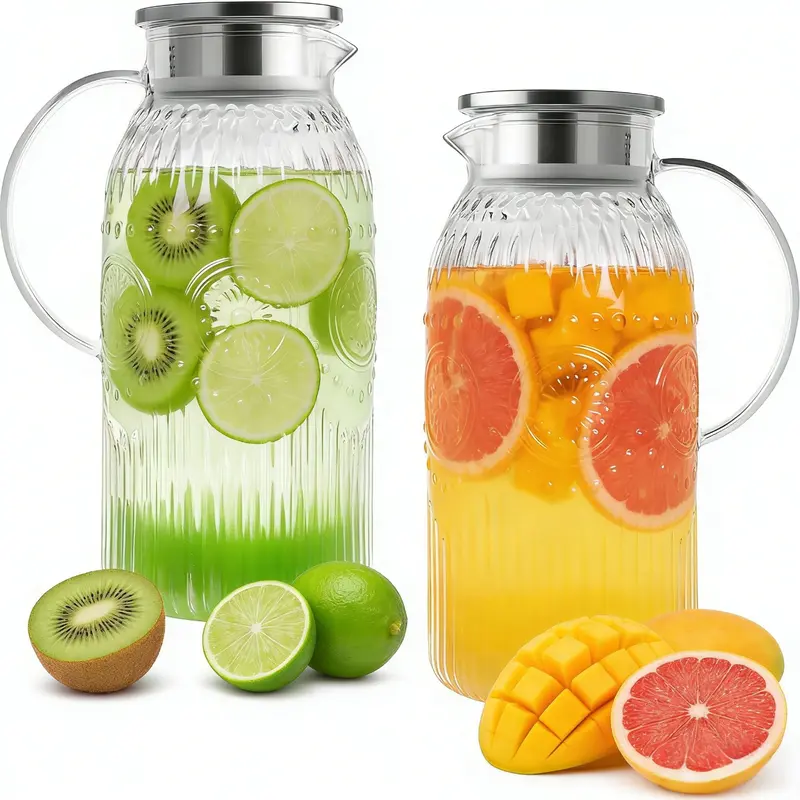 68oz Borosilicate Glass Pitcher with Lid, Hot Cold Water Tea Jug, Heat resistant 0-300°F, stovetop safe, stainless steel lid, dual outlets for pouring and filtering, hot cold beverage use