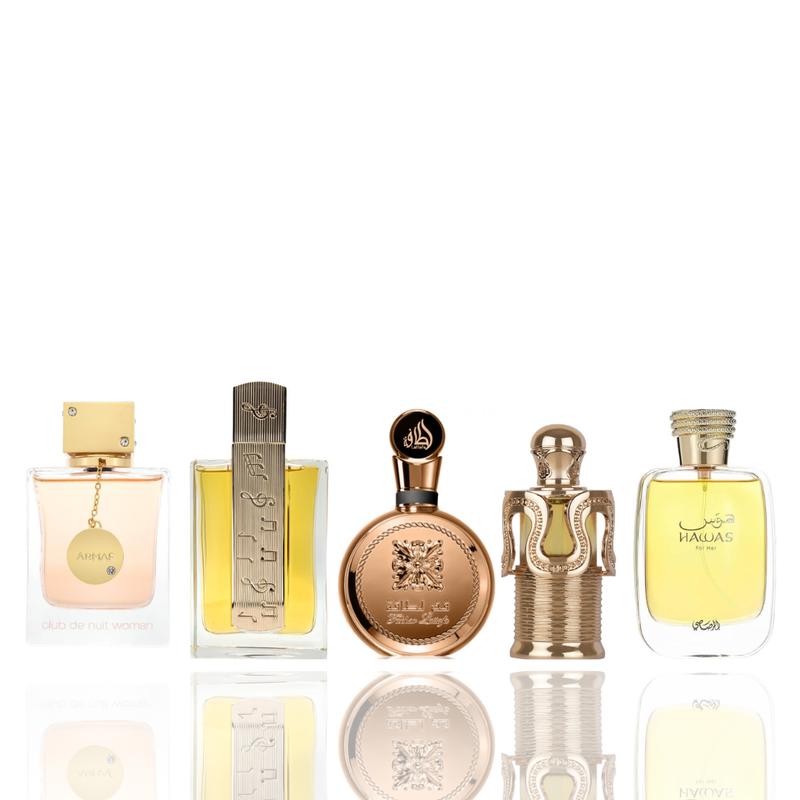 Angham + maitha + fakhar lattafa extriat + Hawas for her + club de nuit woman —5 piece bundle