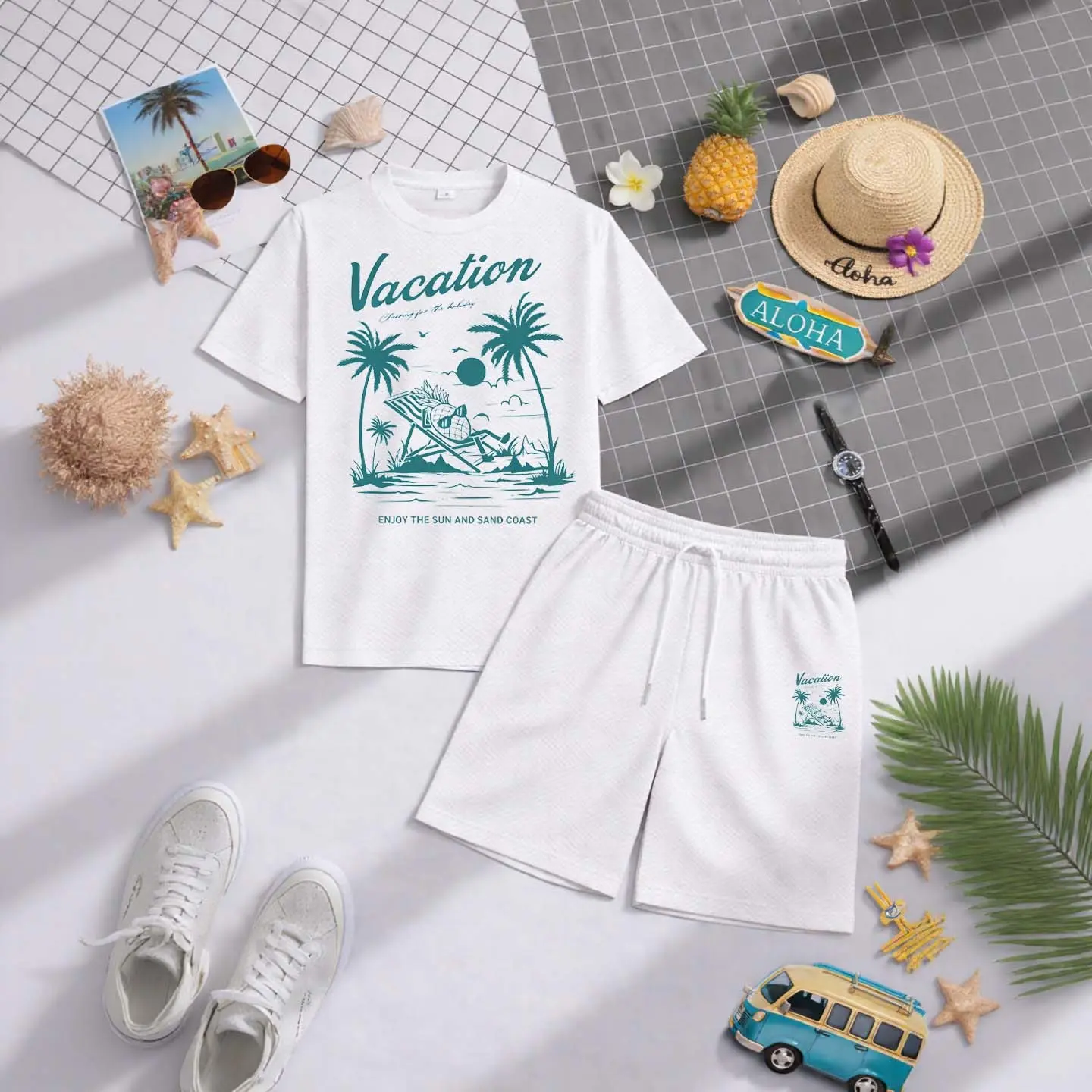Men's Hawaiian Beach Short-Sleeved T-Shirt And Drawstring Shorts Set, Men's Clothing, Summer Casual Sports Short-Sleeved Top And Shorts, Men's Everyday Wear, Sportswear Set, Casual Summer Clothing.